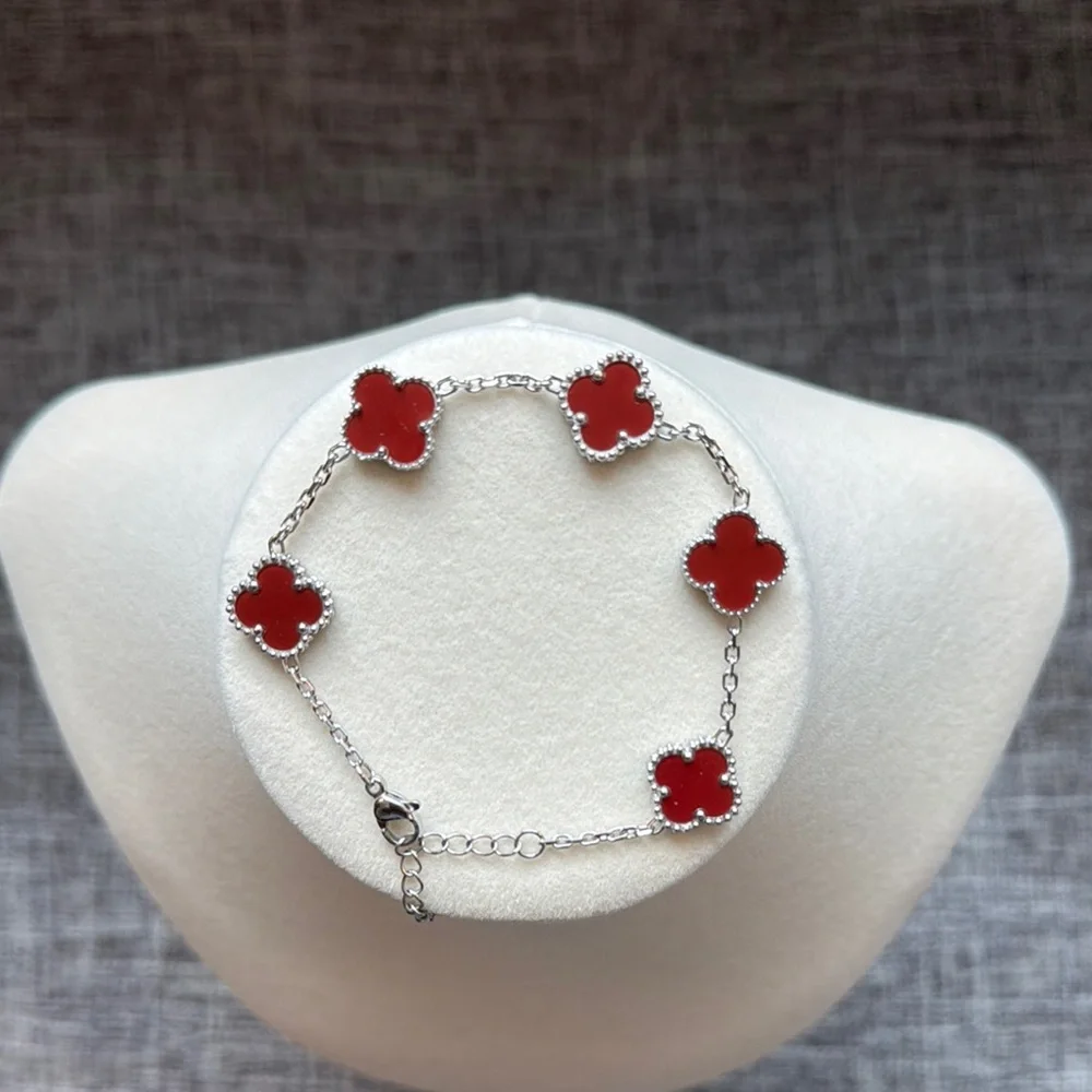 Red and Silver Double Sided Clover Bracelet with Delicate Chain